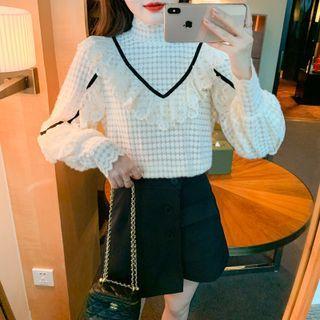 Ruffle Semi High-neck Bell-sleeve Lace Top