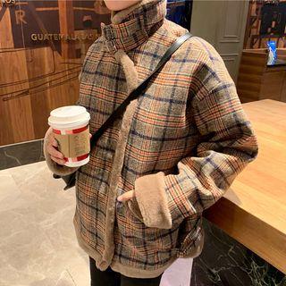 Furry Trim Plaid Zip Jacket As Shown In Figure - One Size