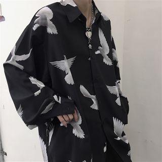 Long-sleeve Bird Print Shirt As Shown In Figure - One Size