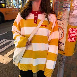 Letter Embroidered Striped Long-sleeve Knit Top