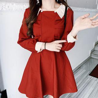 Collared Long-sleeve Mini A-line Dress