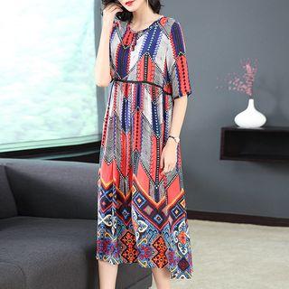 Patterned Elbow-sleeve Midi Dress