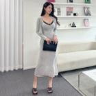 Set: Cardigan + Sleeveless Lace-trim Long Dress