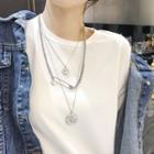 Alloy Coin / Safety Pin Pendant Necklace Set Of 3 - Silver - One Size