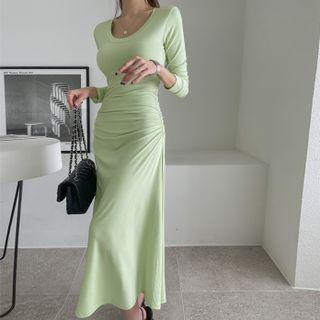 Shirred Flared Long Bodycon Dress