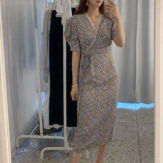 Floral Lace Panel V-neck Drawstring-side Dress As Shown In Figure - One Size
