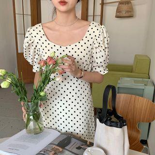Puff-sleeve Polka Dot Dress Beige - One Size