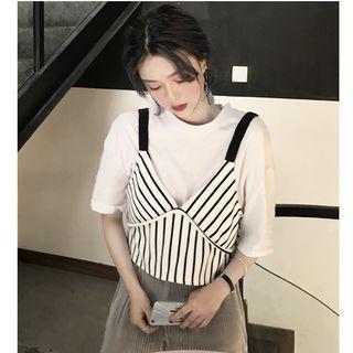 Crew-neck Short-sleeve / Striped Camisole Top