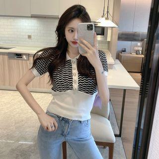 Short-sleeve Zigzag Print Knit Polo Shirt