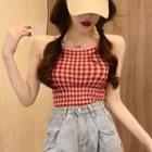Halter Plaid Knit Top Gingham - Red & Pink - One Size