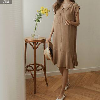 Collared Cap-sleeve Ruffled Midi Dress