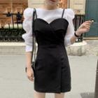 Puff-sleeve Blouse / Mini A-line Pinafore Dress