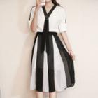 Set: Contrast Trim Short Sleeve T-shirt + Color Panel Midi Chiffon Skirt