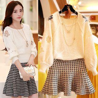 Set: Perforated Knit Top + Houndstooth Skirt