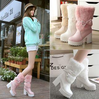 Furry Trim Block Heel Short Boots