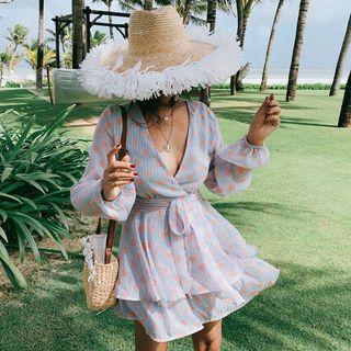 V-neck Long-sleeve Dotted Wide Leg Playsuit