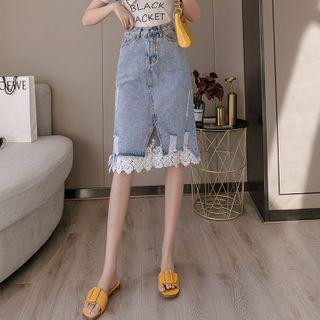 High-waist Lace Panel Denim Skirt