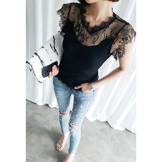 Lace-yoke Ribbed Top