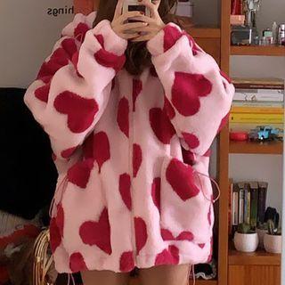 Heart Print Fleece Oversized Zip Jacket