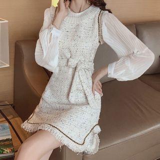 Set: Long-sleeve Chiffon Top + Mini A-line Tweed Pinafore Dress