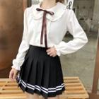 Peter Pan Collar Blazer / Striped Pleated Skirt