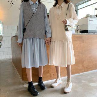 Long-sleeve Plain Shirtdress / Knit Vest