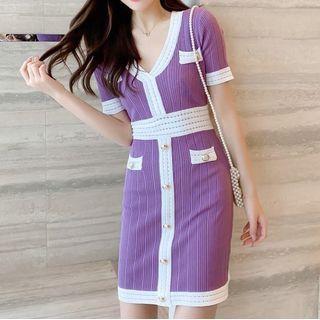 Two-tone Short-sleeve Mini Sheath Knit Dress