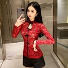 Long-sleeve Frog-buttoned Lace Top