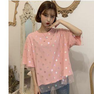 Mock Two-piece Short-sleeve Dotted Mesh T-shirt