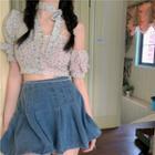 Short-sleeve Flower Print Cold-shoulder Cropped Blouse