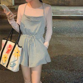 Plain Long-sleeve Top / Halter Drawstring Playsuit