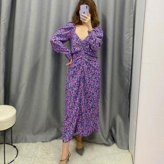 Floral Print Puff-sleeve Midi Dress