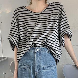 Short-sleeve Round-neck Striped T-shirt Black & Gray - One Size