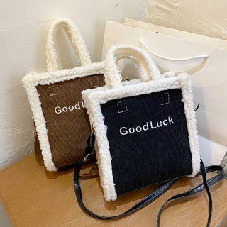 Lettering Embroidered Fleece Trim Tote Bag
