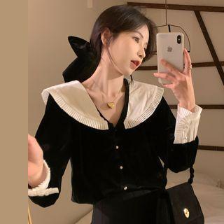 Long-sleeve Sailor Collar Pleated Trim Blouse Black - One Size