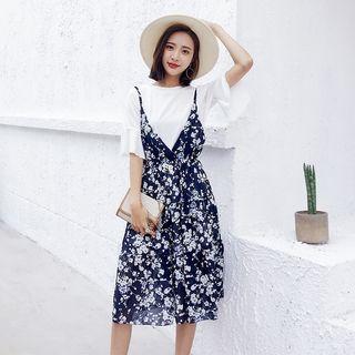 Set: Bell Elbow-sleeve Top + Printed Pinafore Dress