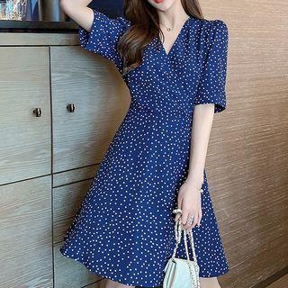 Dotted Short-sleeve V-neck Mini A-line Dress