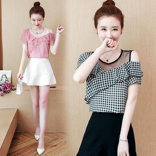 One Shoulder Mesh Panel Gingham Asymmetric Top