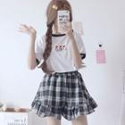 Short-sleeve Embroidered T-shirt / Plaid Mini A-line Skirt
