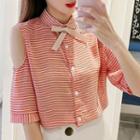 Elbow-sleeve Shoulder Cut Out Striped Shirt