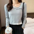Long-sleeve Round-neck Mock Two-piece Lettering Cropped T-shirt