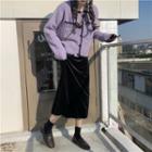 Long-sleeve Contrast Trim Knit  Cardigan / Velvet Slit Midi Skirt