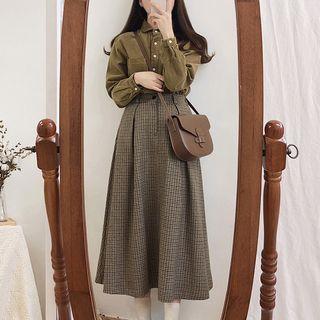 Corduroy Shirt / Midi A-line Plaid Skirt