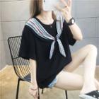 Elbow-sleeve T-shirt With Striped Shawl