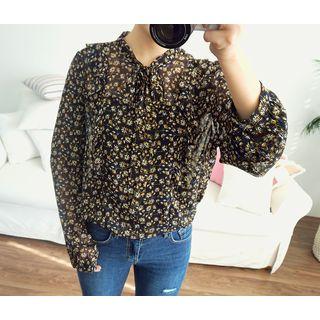 Tie-neck Frill-trim Floral Chiffon Top