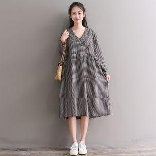 V-neck Gingham Frog-button Midi A-line Dress
