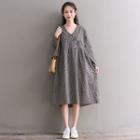 V-neck Gingham Frog-button Midi A-line Dress