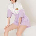 Elbow-sleeve Two-tone Zip-up Playsuit