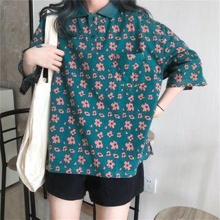 Floral Print Elbow-sleeve Polo Shirt