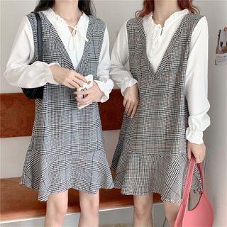Mock Two-piece Plaid Bell-sleeve Mini A-line Dress
